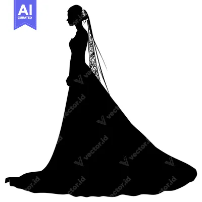 Aset desain premium: Silhouette of a Bride in a Wedding Dress and Veil