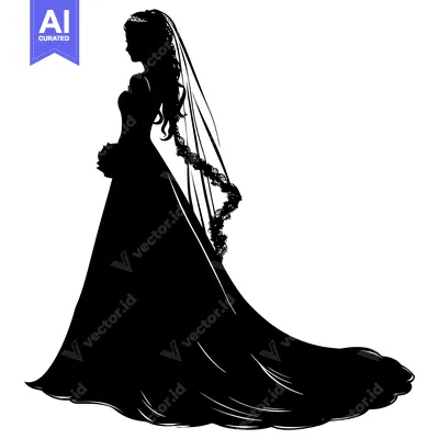 Premium design asset: Silhouette of a Bride in a Wedding Dress with a Veil and Flowers