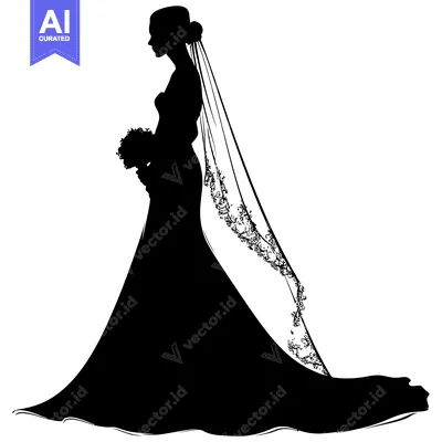 Aset premium populer: Silhouette of a Bride in a Wedding Dress with a Veil and Flowers