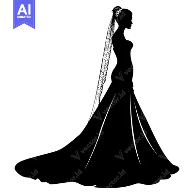 Silhouette of a Bride in a Wedding Dress and Veil