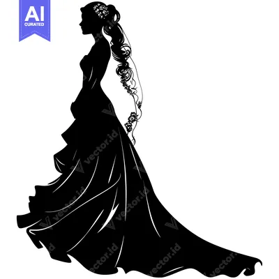 Aset desain premium: Silhouette of a Bride in a Wedding Dress with a Veil and Flowers in He