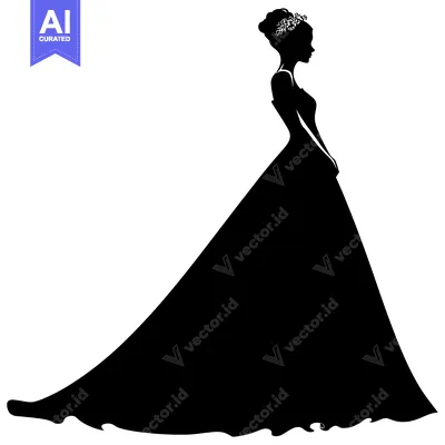 Aset desain premium: Silhouette of a Bride in a Wedding Dress with a Floral Headpiece