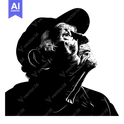 Aset premium populer: Black and White Line Art Illustration of an Elderly Man with a Cap Loo
