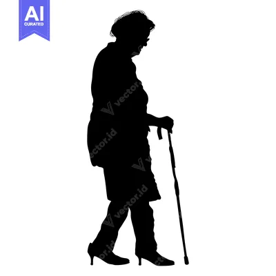 Aset desain premium: Silhouette of an Elderly Woman Walking with a Cane