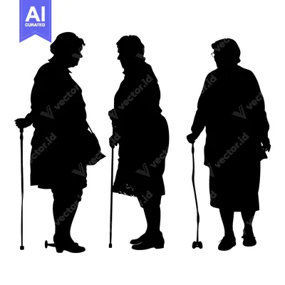 Aset desain premium: Three Silhouettes of Elderly Women with Walking Sticks