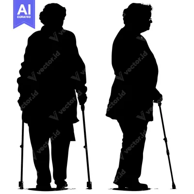 Aset desain premium: Silhouettes of two elderly women walking with canes