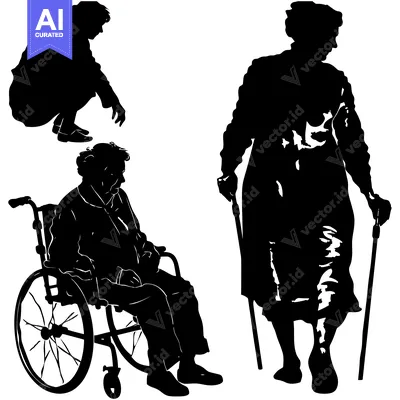 Silhouettes of Three People, One in a Wheelchair, One with a Cane, and