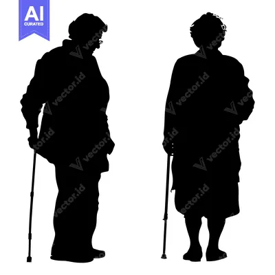 Aset desain premium: Two Elderly People Standing with Canes in Silhouette