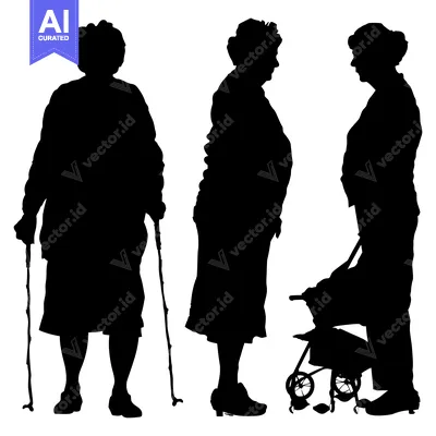 Aset premium populer: Three Elderly Women Silhouettes Walking with a Cane and a Walker