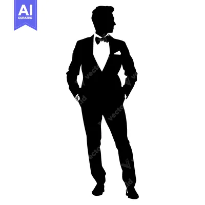 Aset desain premium: Silhouette of a Man in a Tuxedo with Hands in Pockets