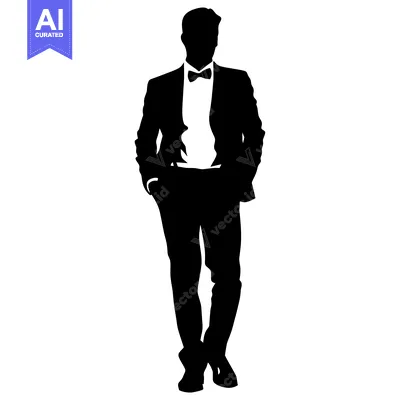 Silhouette of a man in a tuxedo standing with hands in pockets