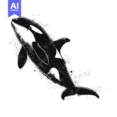Aset desain premium: Black and White Silhouette of an Orca Whale Jumping with Splashing Ink