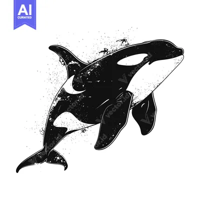 Aset desain premium: Black and White Illustration of a Killer Whale with a Grunge Texture