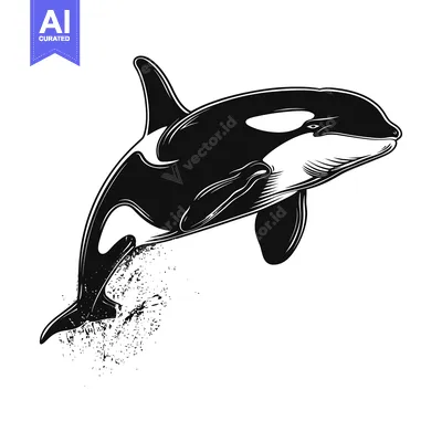 Black and White Illustration of an Orca Whale Leaping Out of the Water