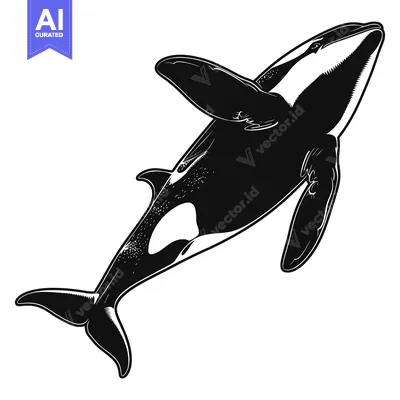 Black and White Illustration of an Orca Swimming Upwards