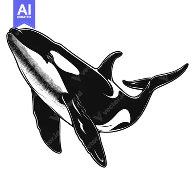 Black and White Illustration of a Killer Whale in Mid-Jump
