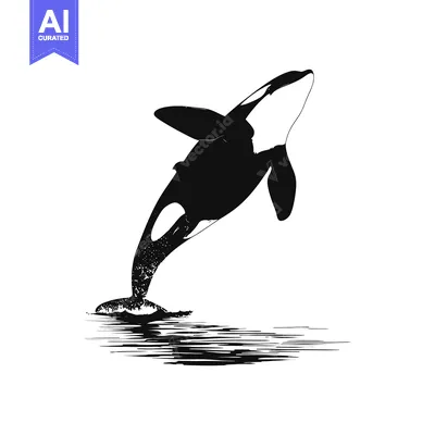 Black and white silhouette of an orca jumping out of the water