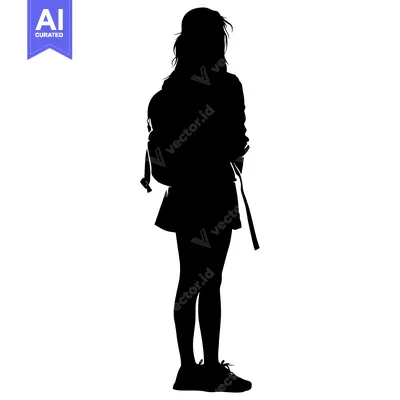 Aset desain premium: Silhouette of a Girl with a Backpack Standing on a White Background
