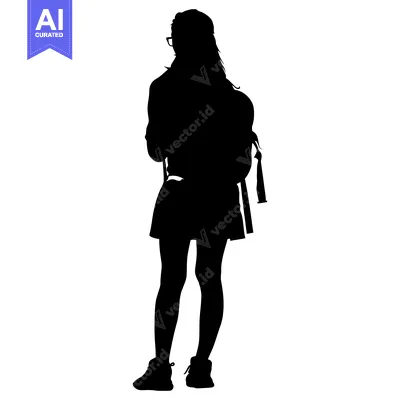 Popular premium asset: Silhouette of a woman in a skirt wearing glasses and carrying a backpa