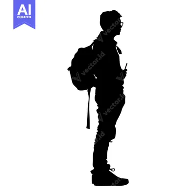 Aset desain premium: Silhouette of a Person with a Backpack and Phone