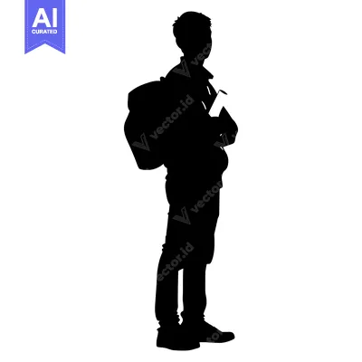 Silhouette of a Person with a Backpack and Holding a Book
