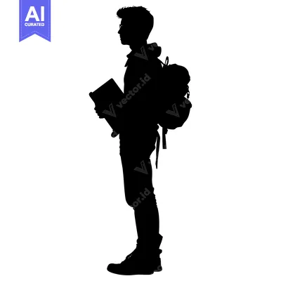 Aset desain premium: Silhouette of a young man with a backpack and a book