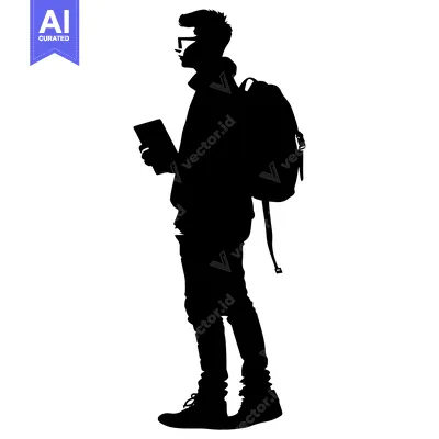 Popular premium asset: Silhouette of a young man with a backpack holding a book