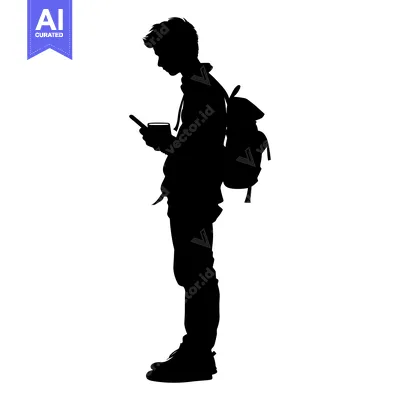 Aset desain premium: Silhouette of a Person with a Backpack Holding a Phone