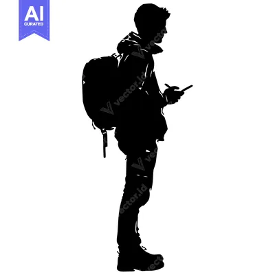 Aset desain premium: Silhouette of a man with a backpack looking at his phone
