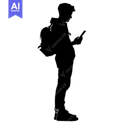 Silhouette of a Young Man with Backpack Using a Smartphone