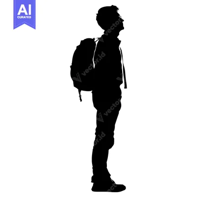 Aset desain premium: Silhouette of a Man with a Backpack Looking Up