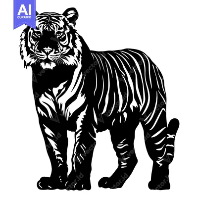 Aset desain premium: Black and White Silhouette of a Standing Tiger
