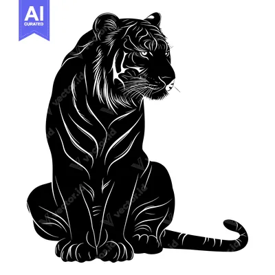 Aset desain premium: A Black and White Silhouette of a Sitting Tiger