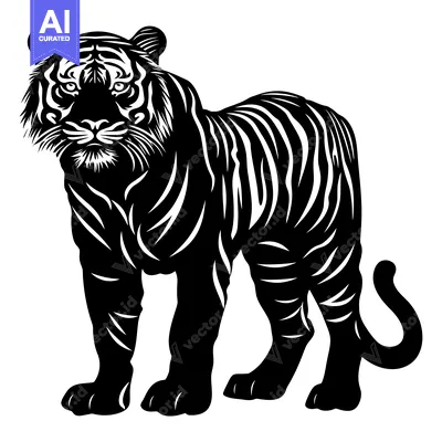 Aset desain premium: Black and White Illustration of a Standing Tiger
