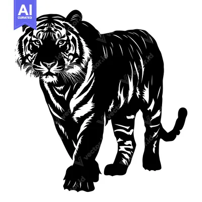 Aset premium populer: Black and White Silhouette of a Tiger Walking