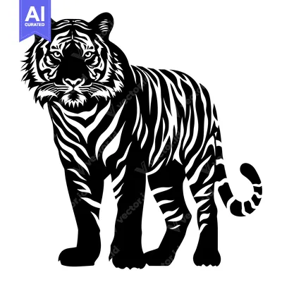 Aset desain premium: Black and White Silhouette of a Standing Tiger