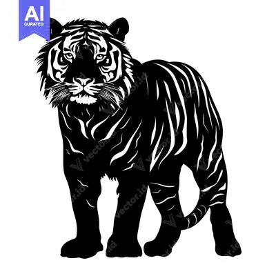 Aset premium populer: A black and white silhouette of a standing tiger