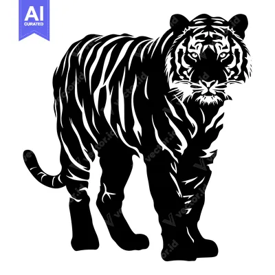 Aset desain premium: Black and White Silhouette of a Tiger Standing