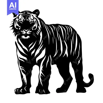 Aset desain premium: Black and White Illustration of a Standing Tiger