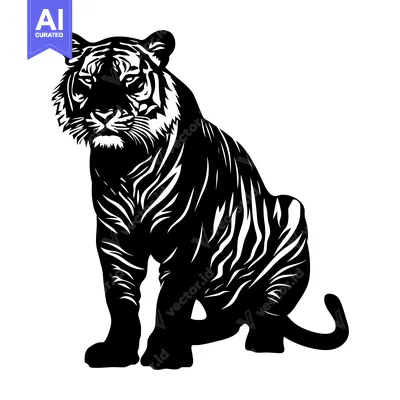 Aset desain premium: Black and White Illustration of a Sitting Tiger