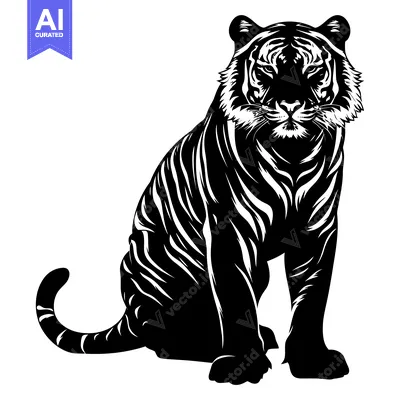 Premium design asset: Black and White Illustration of a Sitting Tiger