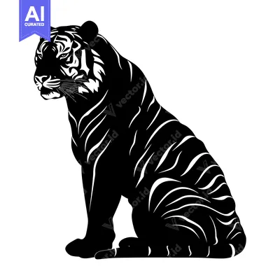 Premium design asset: Black and White Silhouette of a Sitting Tiger