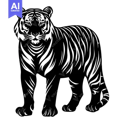 Aset premium populer: Black and White Silhouette of a Standing Tiger