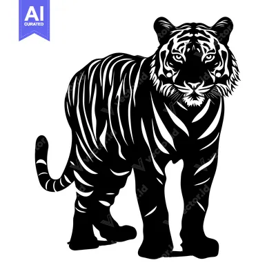 Aset desain premium: Black and White Silhouette of a Standing Tiger