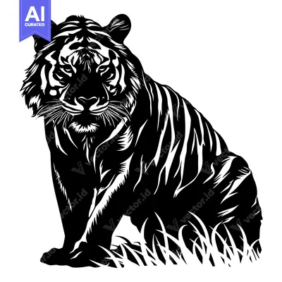 Premium design asset: Black and White Silhouette of a Tiger Sitting in Tall Grass