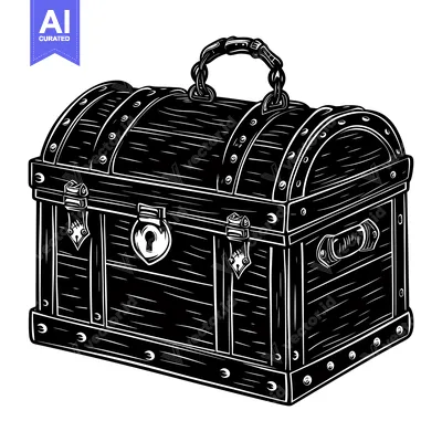 Black and white illustration of a wooden treasure chest with a lock