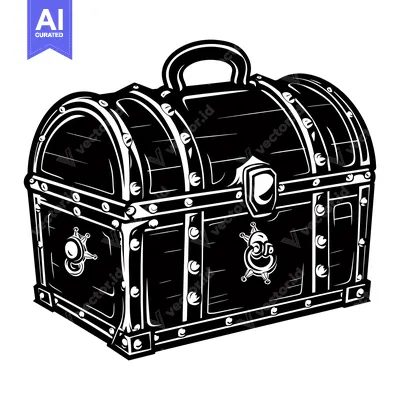 Aset premium populer: Black and White Illustration of a Closed Wooden Chest with Metal Accen