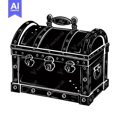Aset premium populer: Black and White Illustration of a Closed Wooden Chest with Metal Hardw