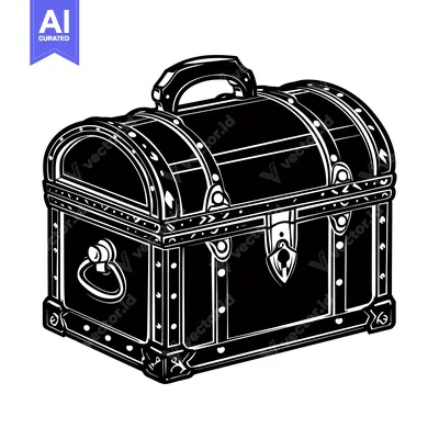 Aset desain premium: A Black and White Silhouette of a Wooden Chest with Metal Accents