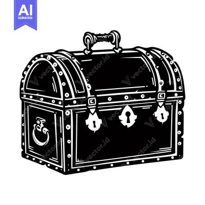 Black and White Illustration of a Closed Wooden Treasure Chest